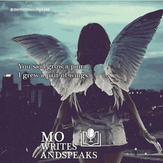 a poster for mo writes and speaks with a woman with wings