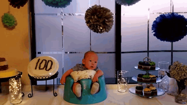 a baby is sitting in front of a plate that says 100