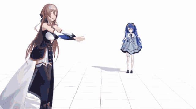 a girl with blue hair is standing next to a girl in a white dress
