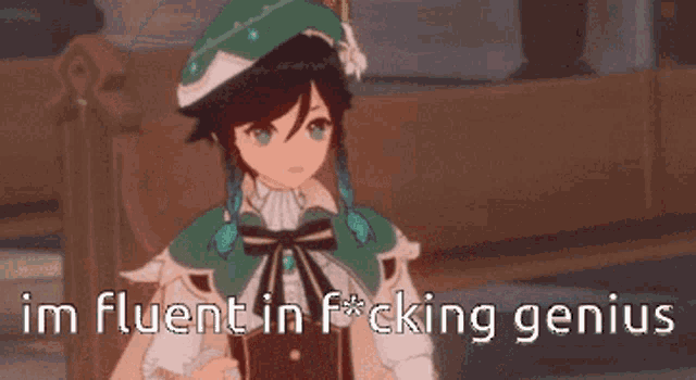 a cartoon character with the words i 'm fluent in fucking genius on the bottom