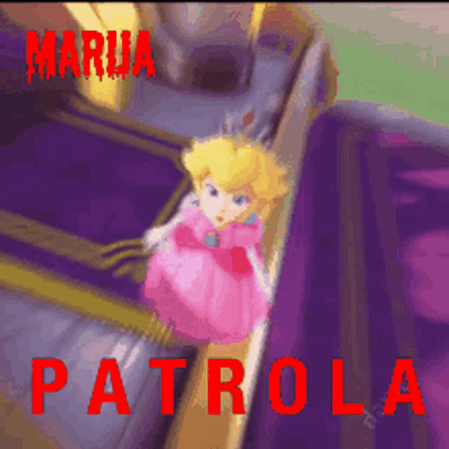 a pixelated image of princess peach with the name marlia patrola in red