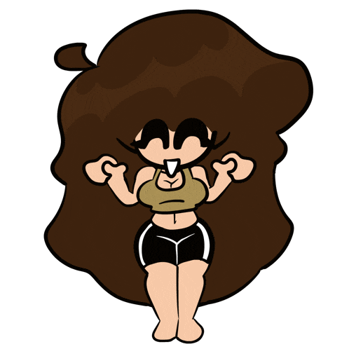 a cartoon drawing of a girl with brown hair wearing a crop top and shorts