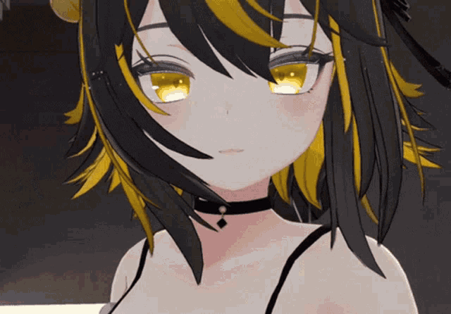 a close up of a anime girl with black and yellow hair