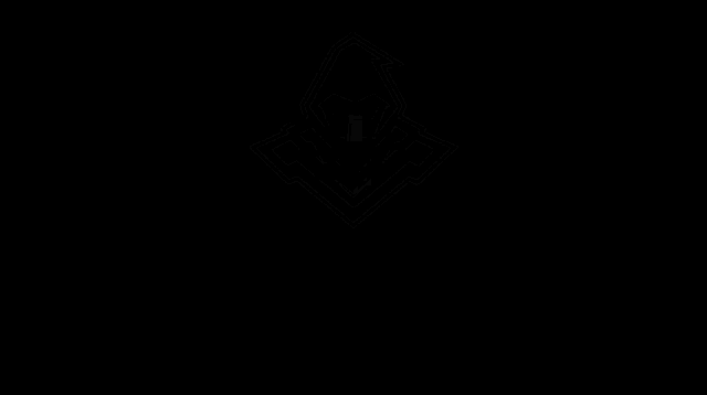 a logo for ghost with a hooded figure with red eyes on a black background