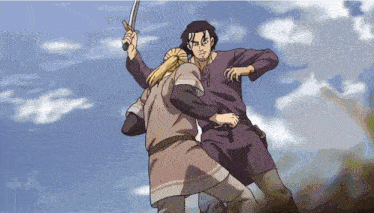 a man in a purple shirt is holding a sword over another man 's shoulder