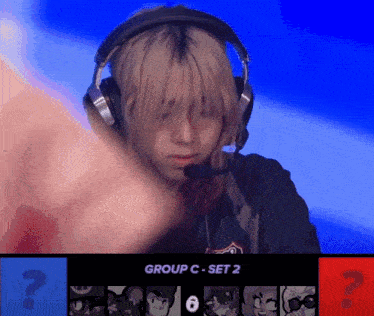 a person wearing headphones and a microphone with the words group c- set 2 on the bottom