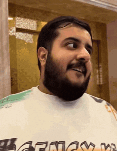 a man with a beard wears a shirt that says harmony on it