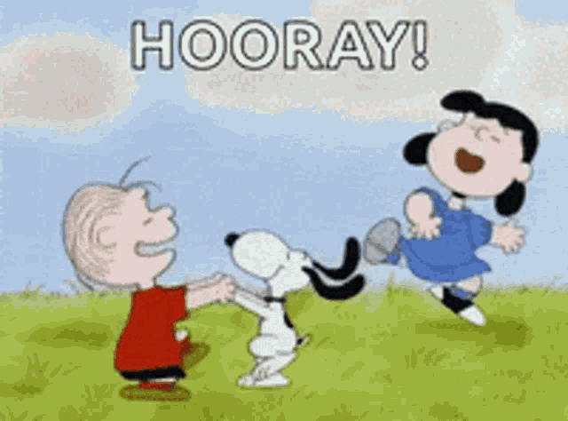 a cartoon of snoopy , lucy and linus dancing in a field