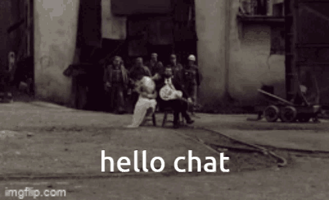 a black and white photo of a group of people with the words hello chat
