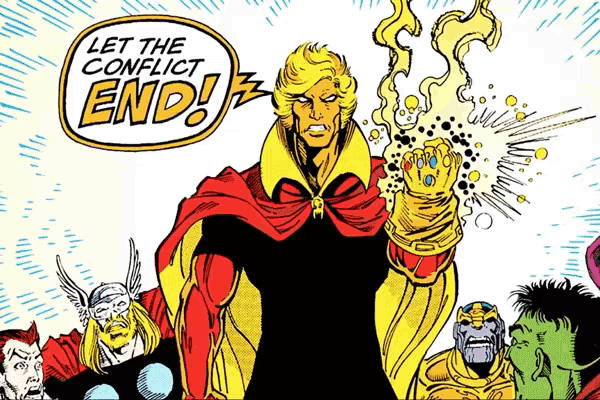 a comic book character says let the conflict end in front of a group of superheros
