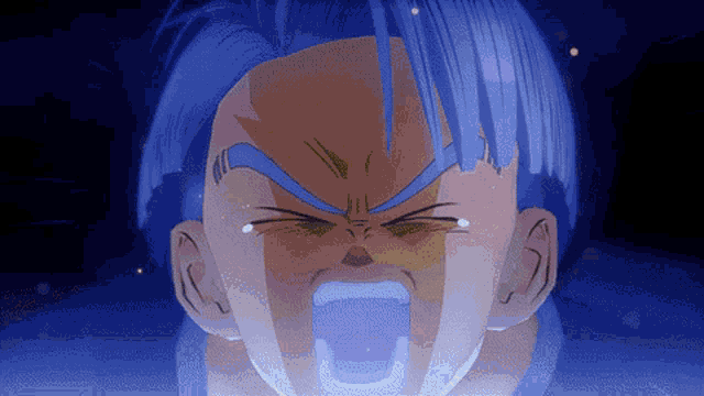 a close up of a cartoon character with blue hair