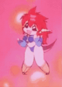 a cartoon character with red hair and a blue tail is dancing on a pink background .