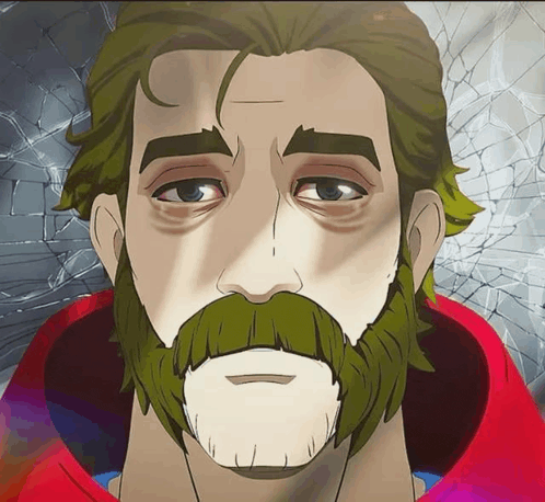 a cartoon drawing of a man with a green beard