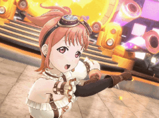 a girl with a ponytail and goggles on her head is standing on a stage