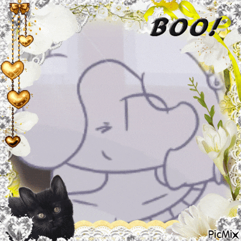 a picture frame with a black cat and a drawing of an elephant that says boo on it