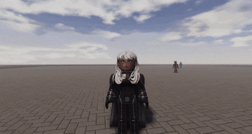 a girl in a storm costume stands on a brick pavement