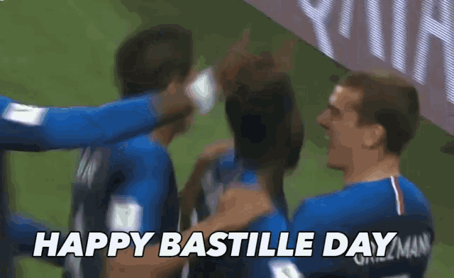 a group of soccer players are hugging each other and the words happy bastille day are displayed
