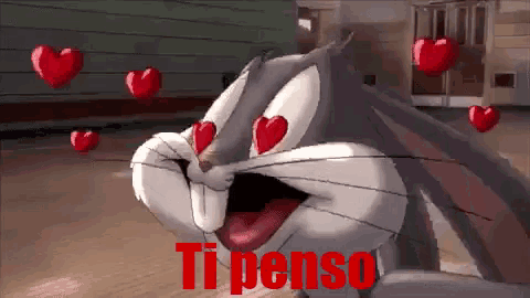 bugs bunny is surrounded by red hearts and the words ti penso above him