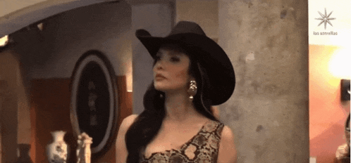 a woman is wearing a cowboy hat and a snake print dress