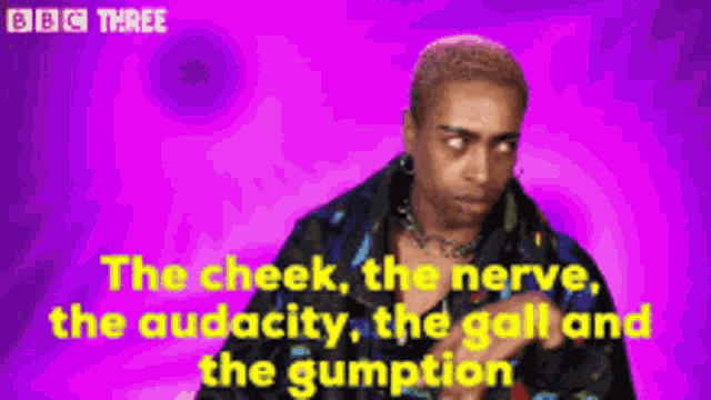a man with a purple background and the words " the cheek the nerve the audacity the golf and the gumption "
