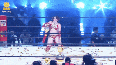 a woman in a wrestling ring with the hashtag #pw_mg on the bottom