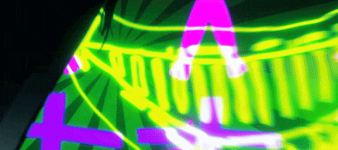 a colorful drawing of a person standing on a rope with a purple and green background .
