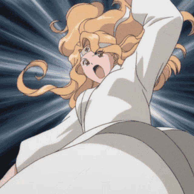a cartoon character with blonde hair and a white top