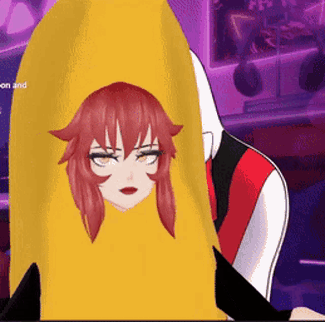 a girl with red hair is sitting in a chair with a banana on her head