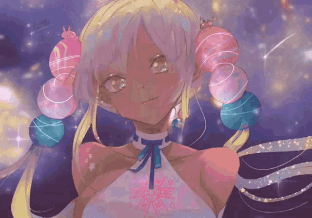 a drawing of a girl with balloons in her hair and a purple background