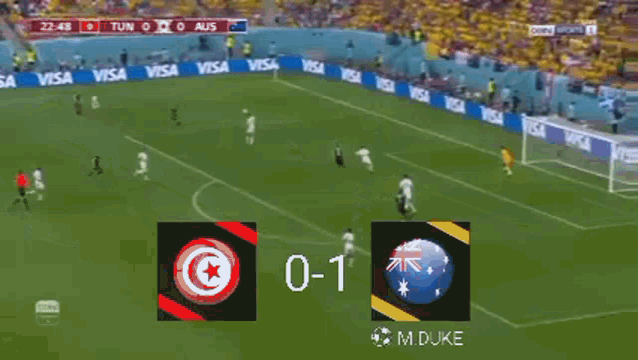 a soccer game is being played between tunisia and australia and the score is 0-1