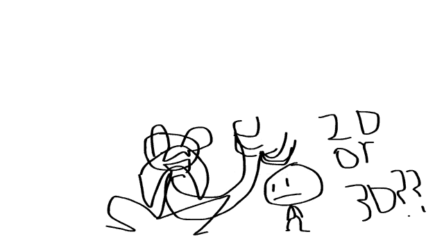 a black and white drawing of two stick figures standing next to each other with the words 2d or 3dr written below them .