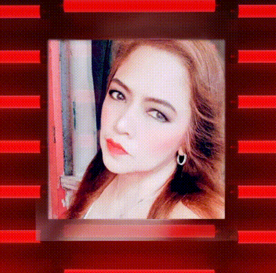 a picture of a woman in a frame with red stripes around it