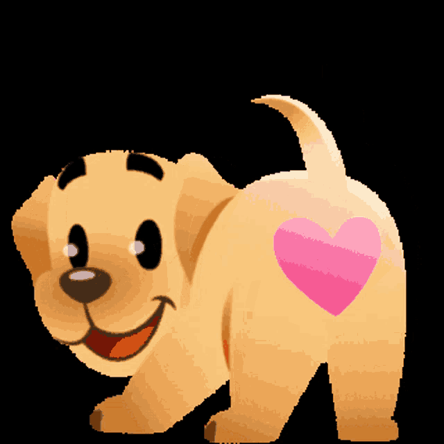 a dog with a pink heart on its butt is smiling
