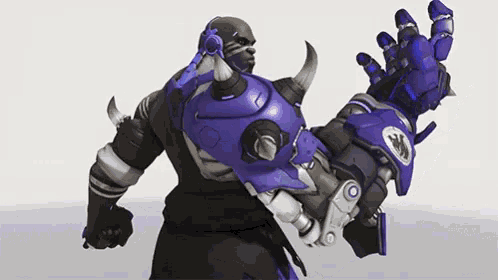 a video game character is wearing a purple armor with horns and headphones on his head .