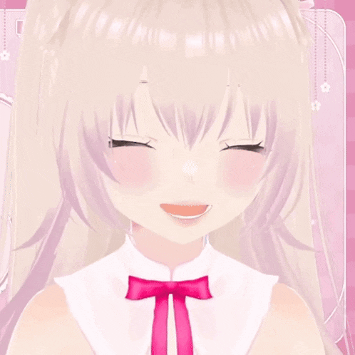 a girl with blonde hair and blue eyes is wearing a white shirt and a pink bow
