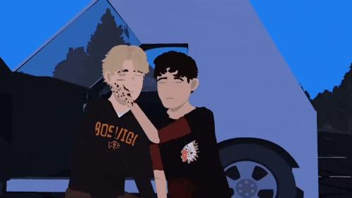 a drawing of two boys with one wearing a shirt that says 80eyigi