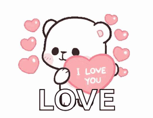 a teddy bear is holding a heart that says i love you surrounded by pink hearts .