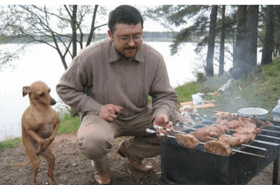 a man and a dog are cooking on a grill near a body of water