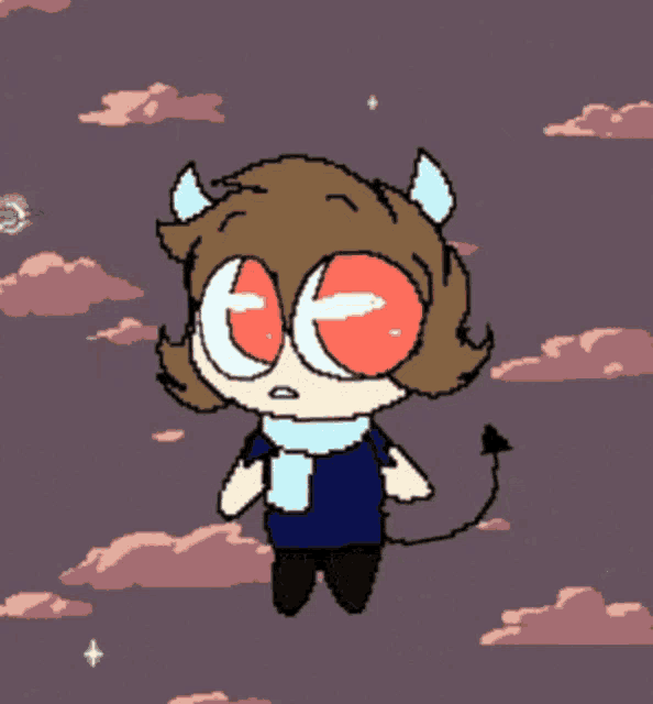 a pixel art drawing of a demon with red eyes and horns