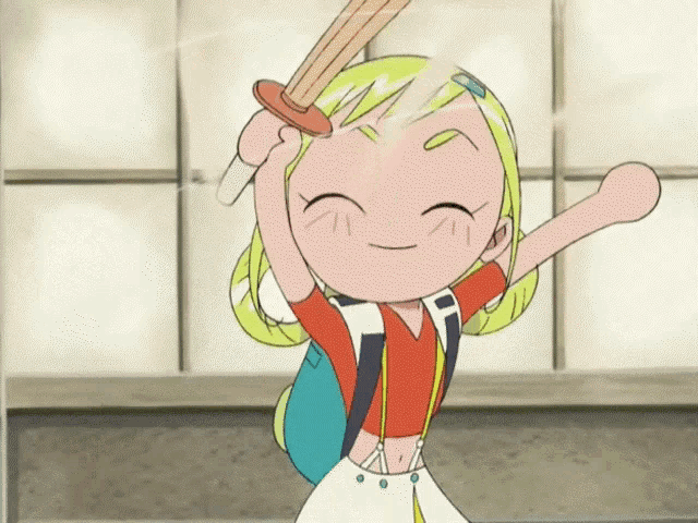 a cartoon girl holding a sword over her head