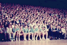 a group of people are posing for a picture in front of a large crowd