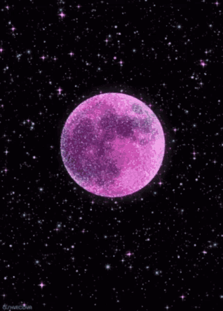 a purple moon is surrounded by stars in the night sky .