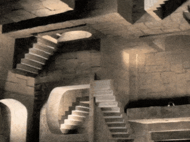 a maze of stairs and arches in a building