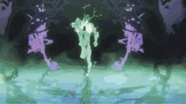 a painting of a person standing in the water with purple silhouettes behind him .