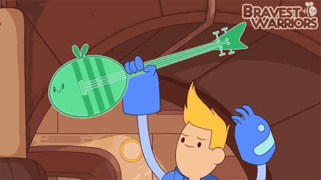 a cartoon of a man holding a guitar with the words bravest warriors written on the bottom
