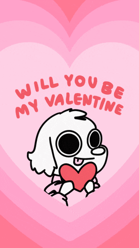 a cartoon of a dog holding a heart with the words will you be my valentine below it