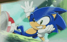 a cartoon of sonic the hedgehog waving his hand in the air