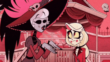 two cartoon characters standing next to each other with one wearing a large hat with skulls on it