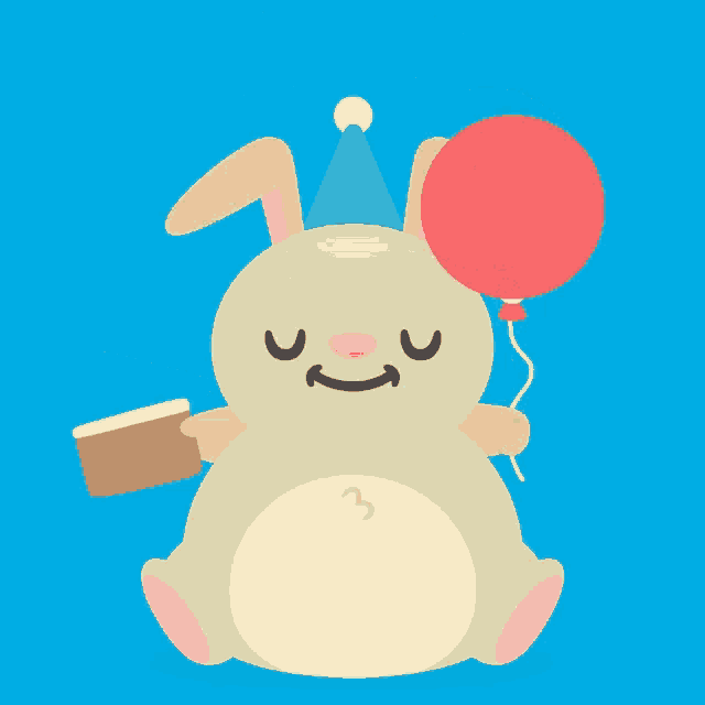 a cartoon rabbit wearing a party hat is holding a red balloon and a cake