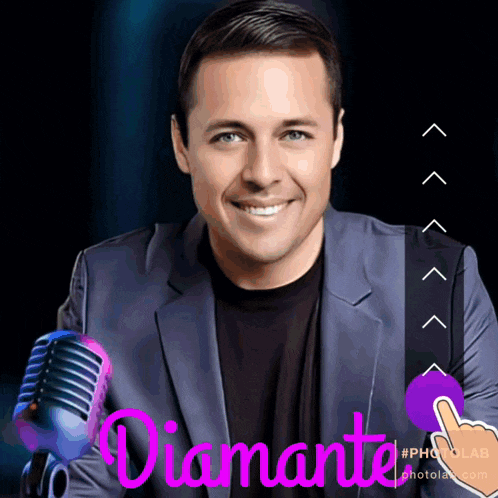 a man in a suit stands in front of a microphone and the word diamante is visible